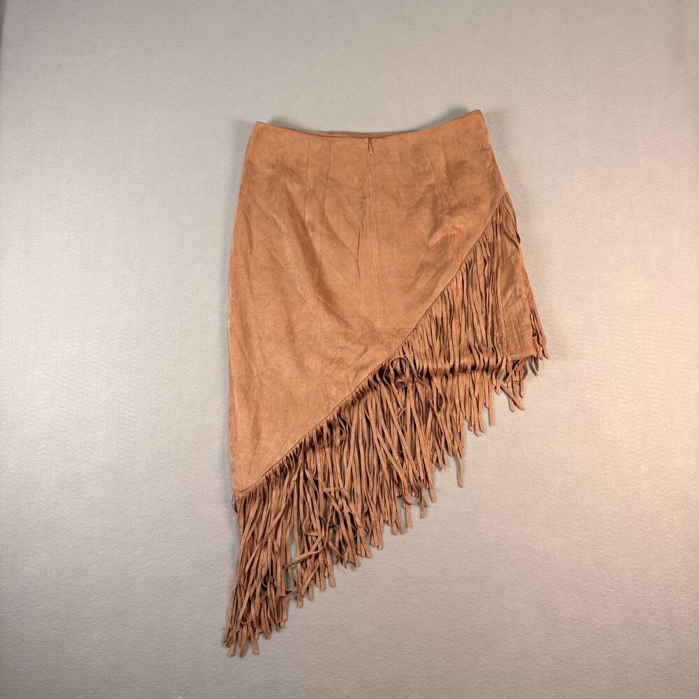 Wishlist Camel Faux Suede Asymmetrical Fringe Mini Skirt NWT Size Large - Picture 2 of 8